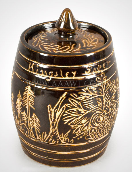 Stoneware, Lidded Jar, Sgraffito Decoration, Brownware
Probably Fort Edward, New York, Circa 1890's, entire view
